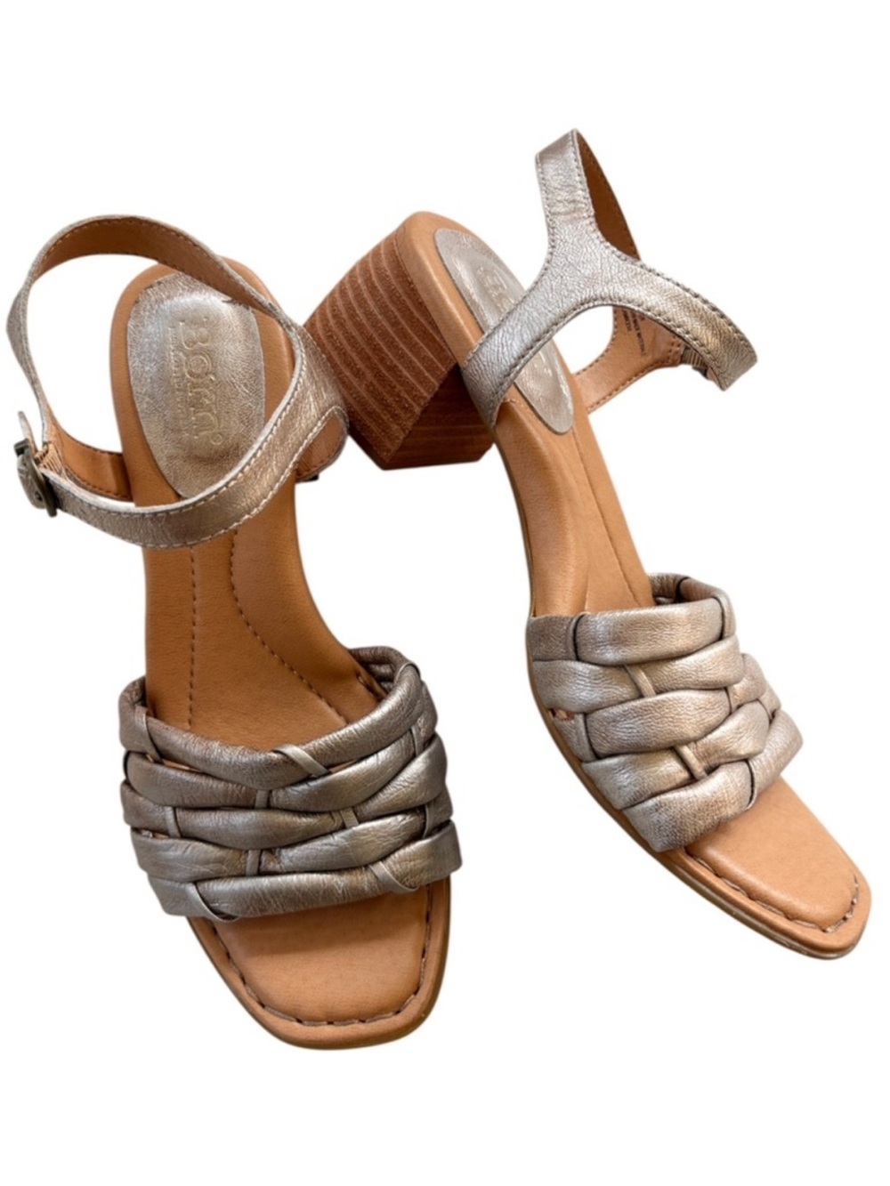 EUC Born Leather Shonie Heeled Sandals Gold Size 8 Retail $130.00